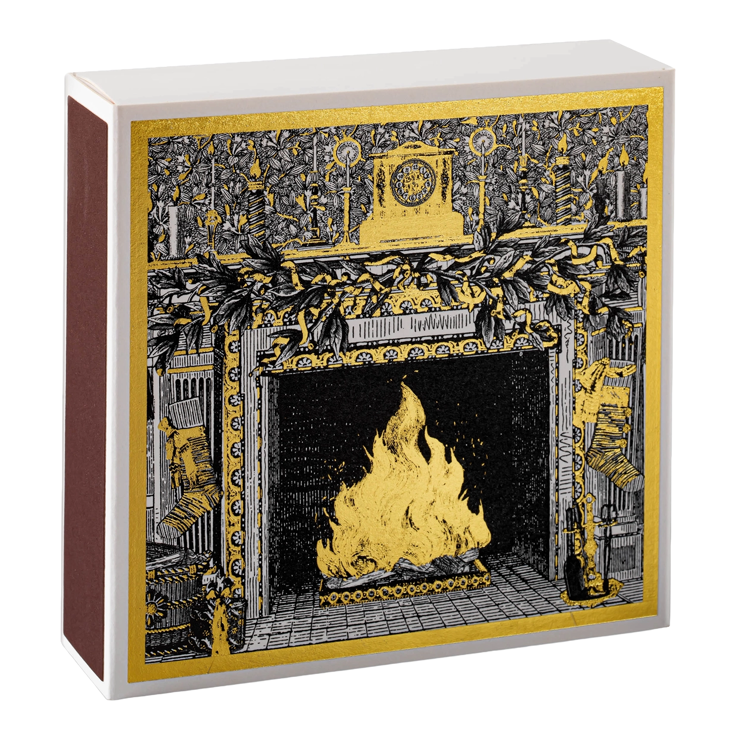 Decorative matchbox with a fireplace design on the cover