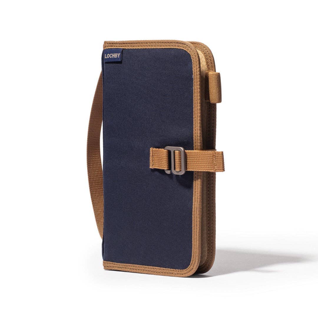 Navy blue and brown bag with a strap on a white background