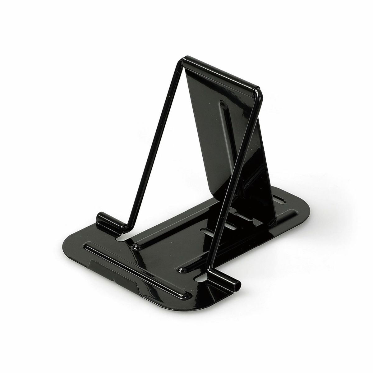 Black metal phone stand on a white background