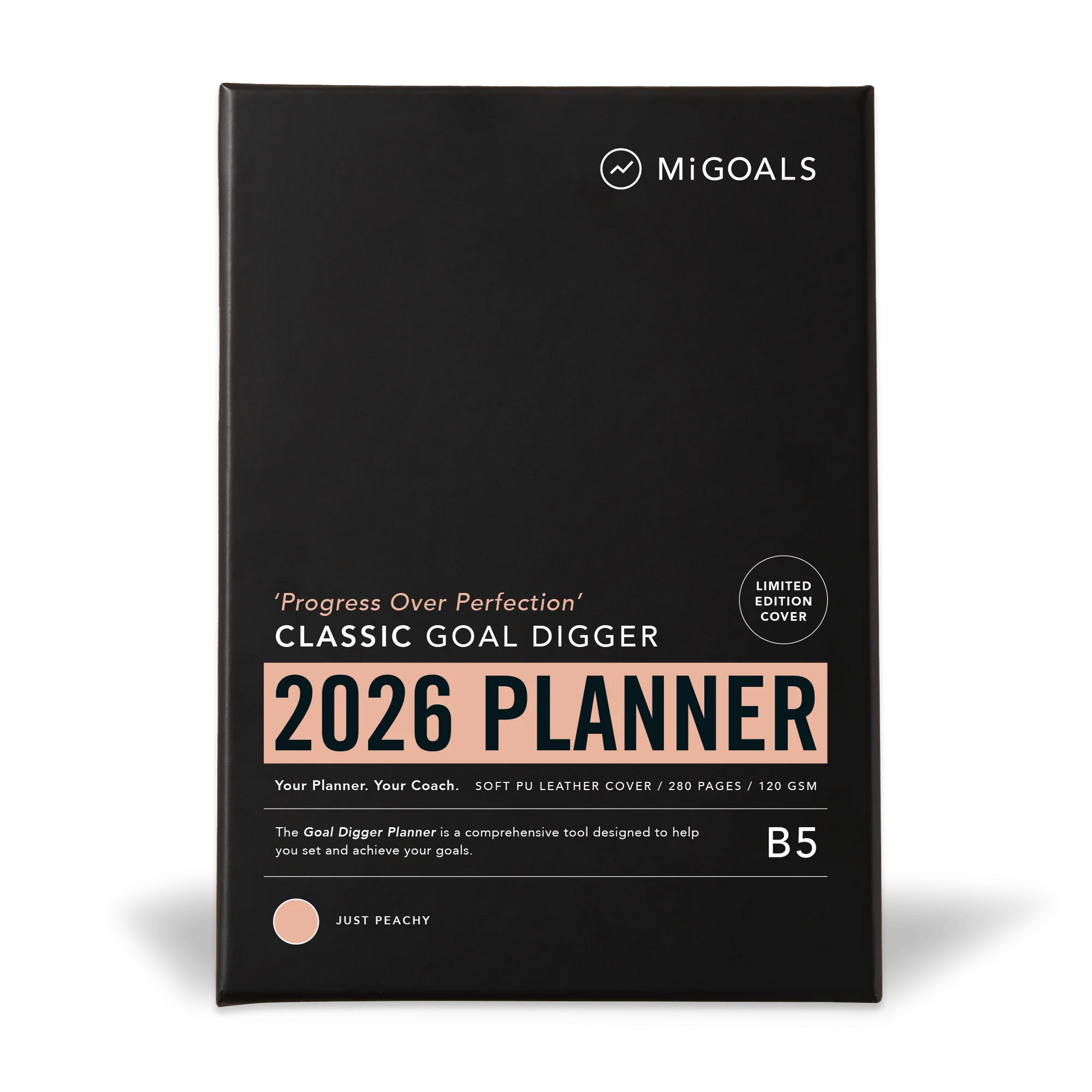 2026 Planner by MiGOALS with black cover and peach text on a white background