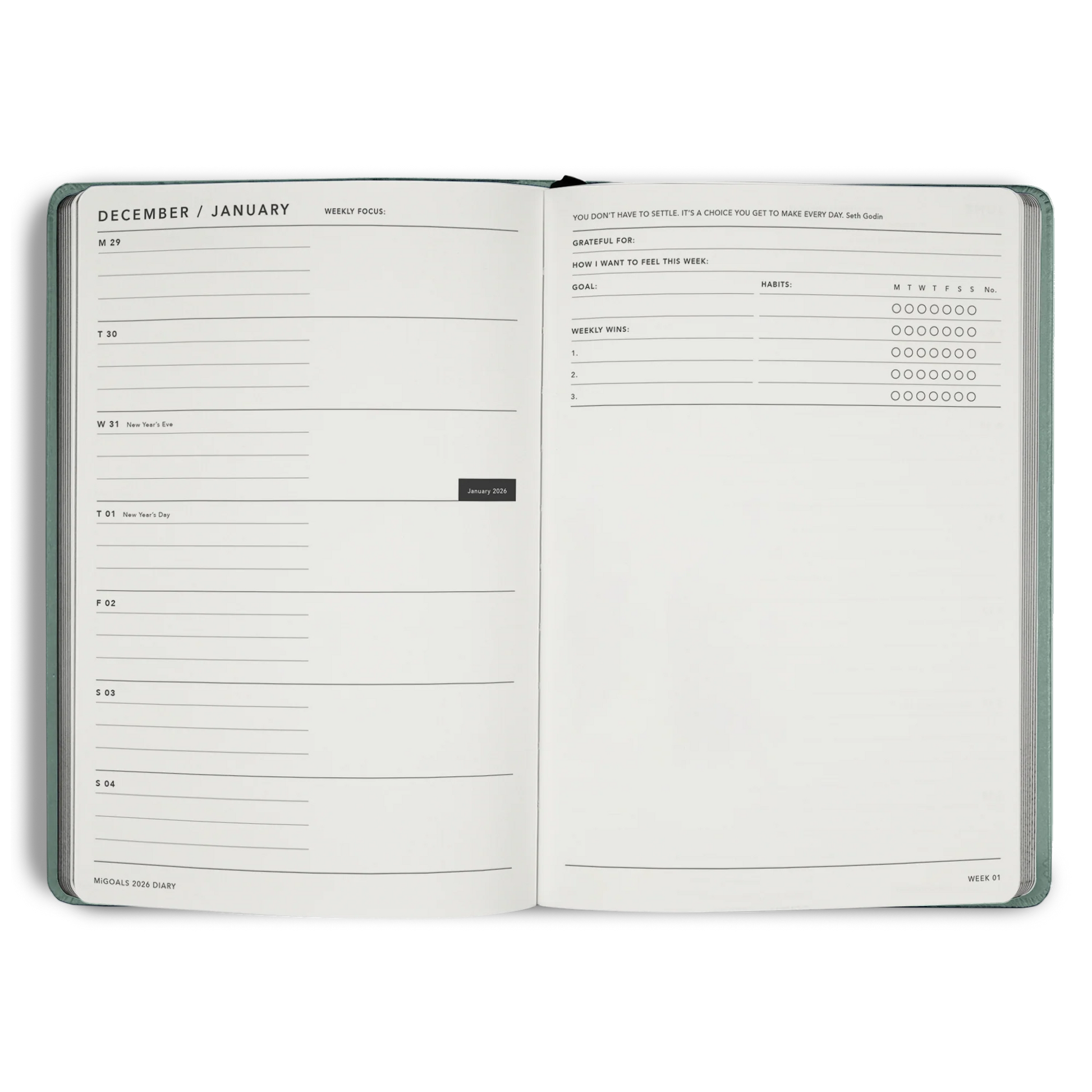 Open planner with weekly schedule and notes section on a white background