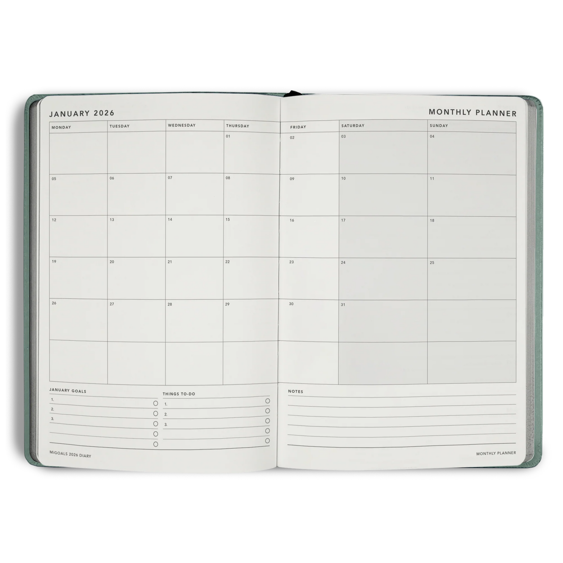 Open monthly planner with grid layout on white background