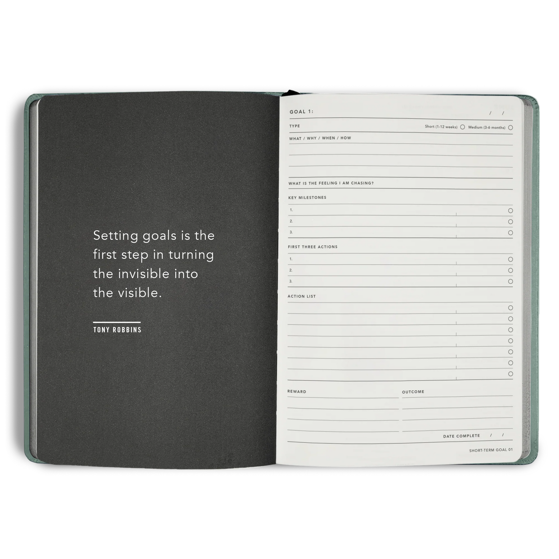 Open planner with a quote on the left page and a goal-setting layout on the right.