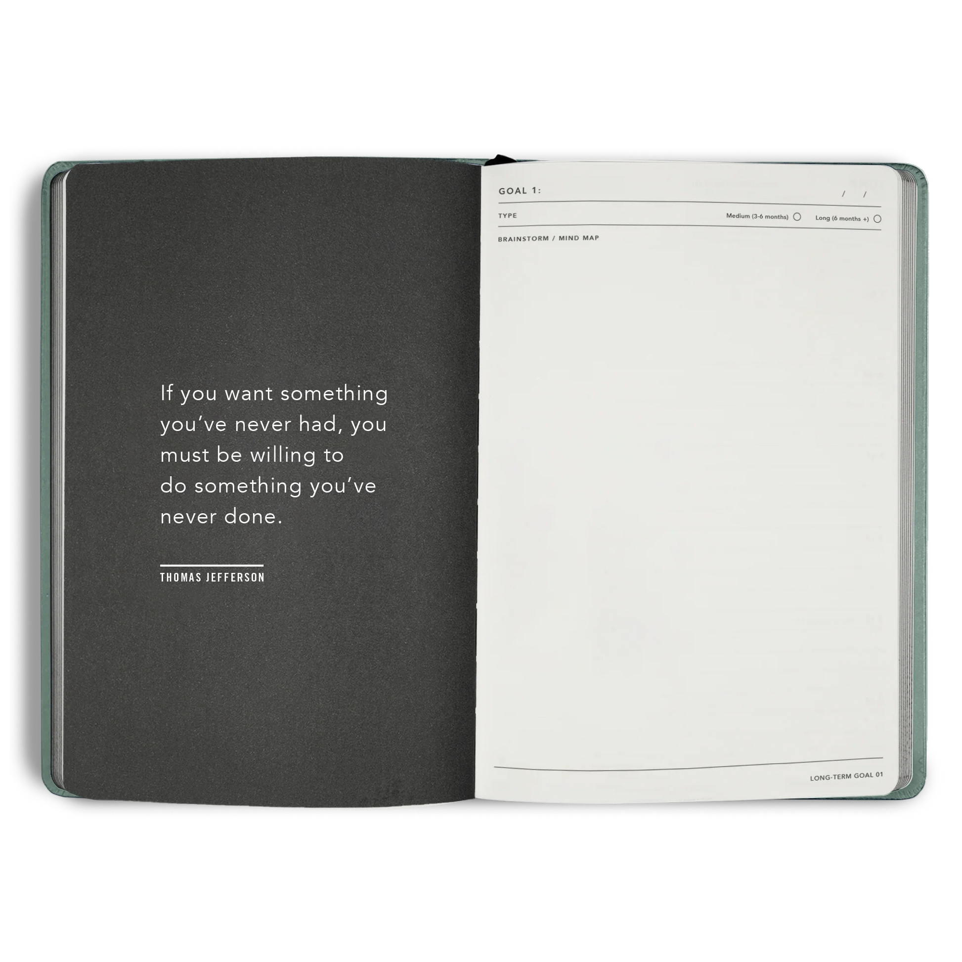 Open notebook with a quote by Thomas Jefferson on a white background