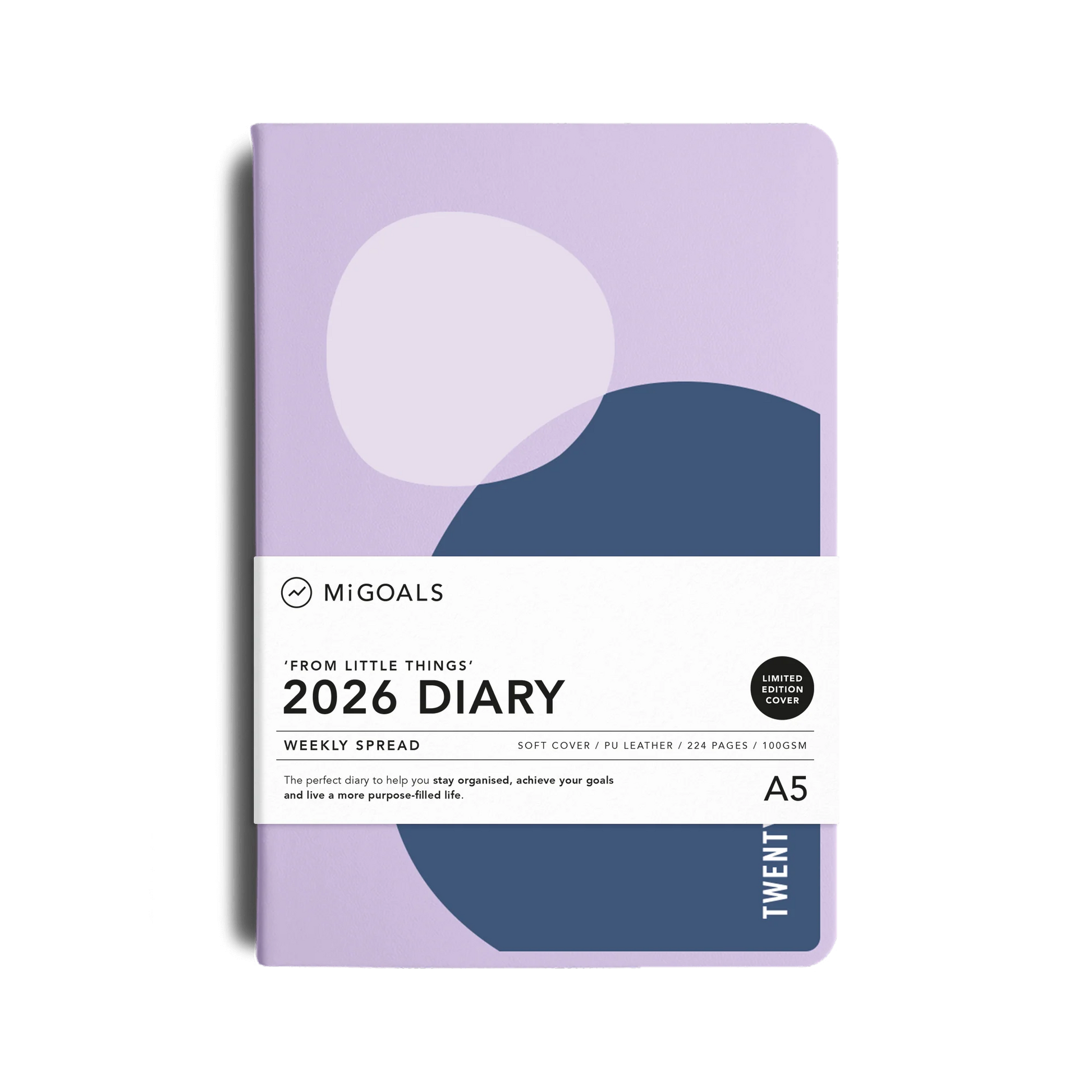 Purple and blue diary with 'Migoals' branding on a white background