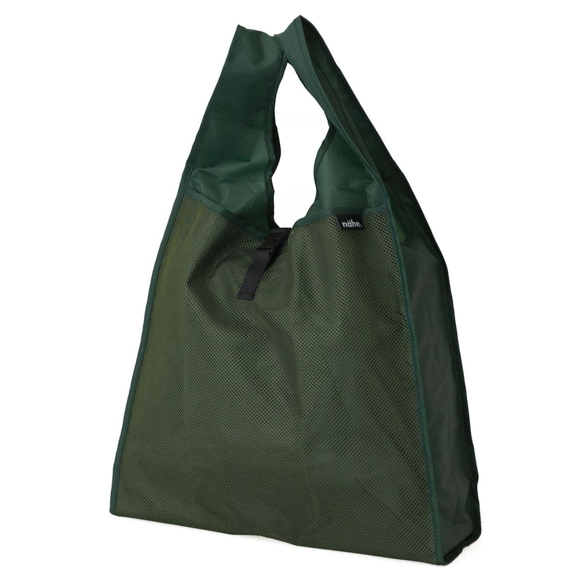 Green reusable shopping bag on a white background