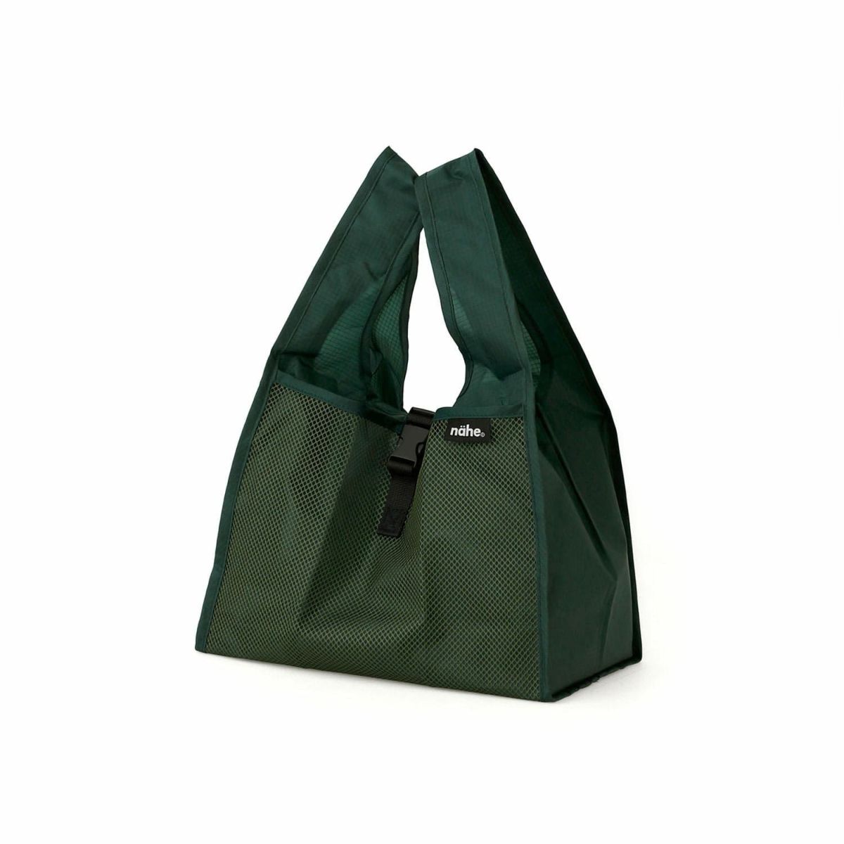Green reusable shopping bag with mesh side on a white background