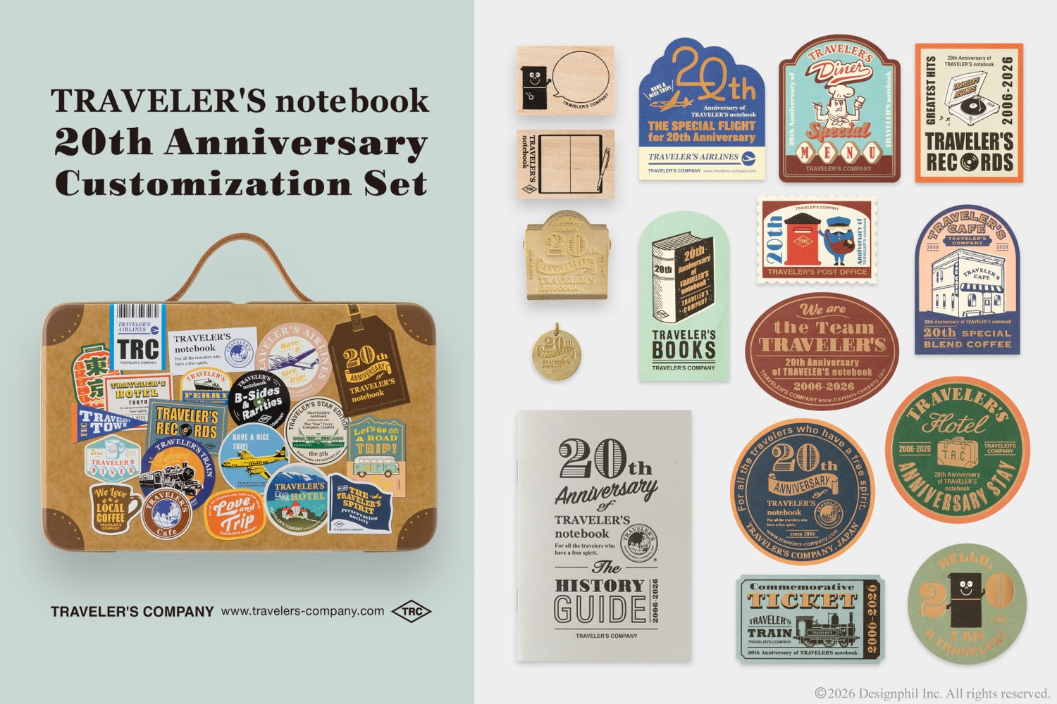 Traveler's notebook 20th Anniversary Customization Set with stickers and a suitcase model on a light blue background.