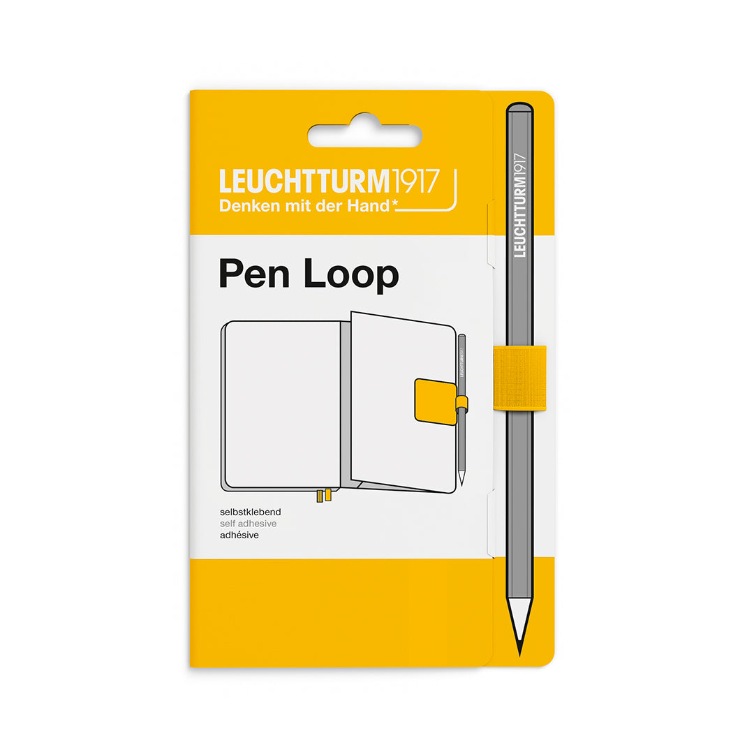 Leuchtturm1917 pen loop packaging with a yellow background and pen illustration.