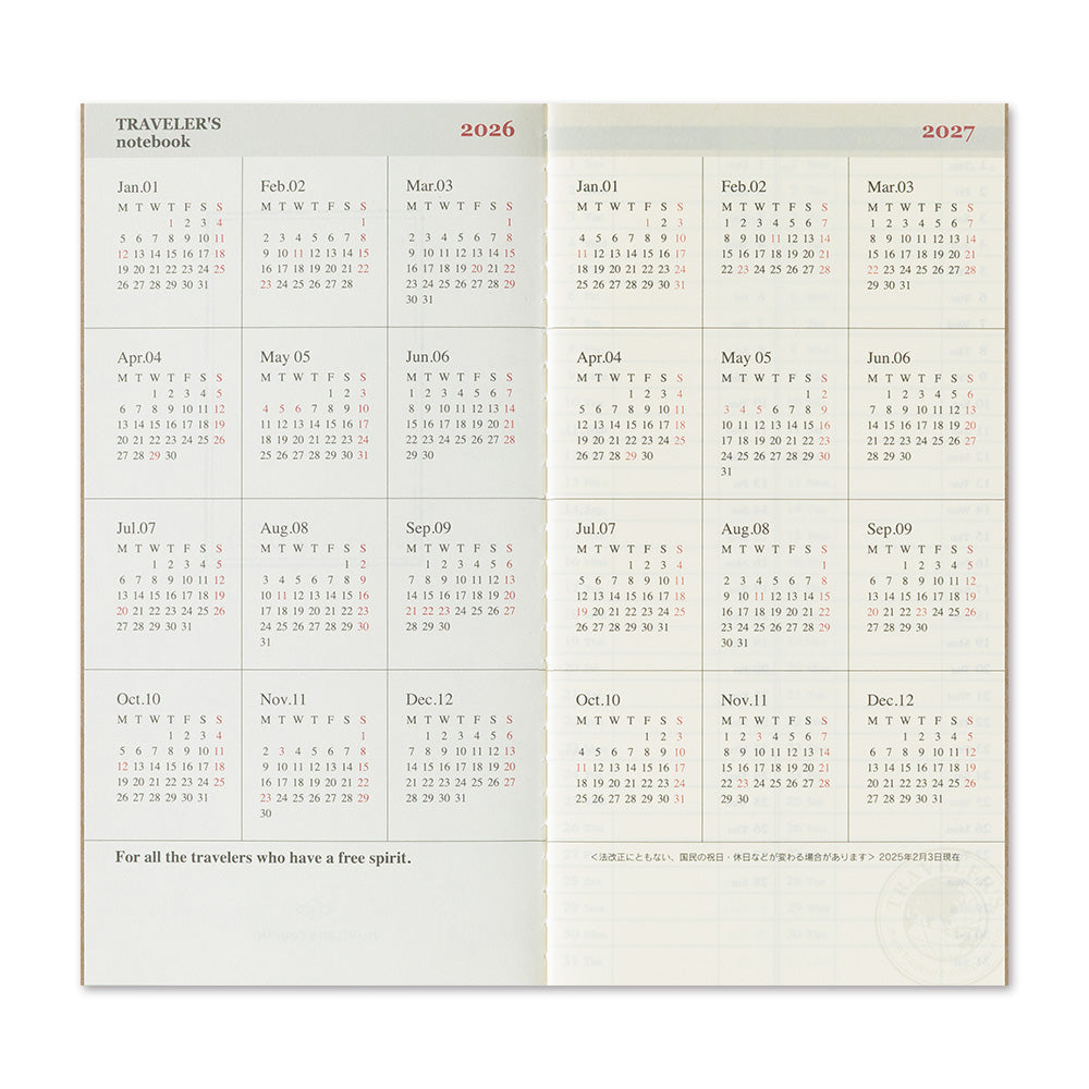 TRAVELER'S Notebook Refill: Weekly Vertical Diary 2026 *PRE ORDER*