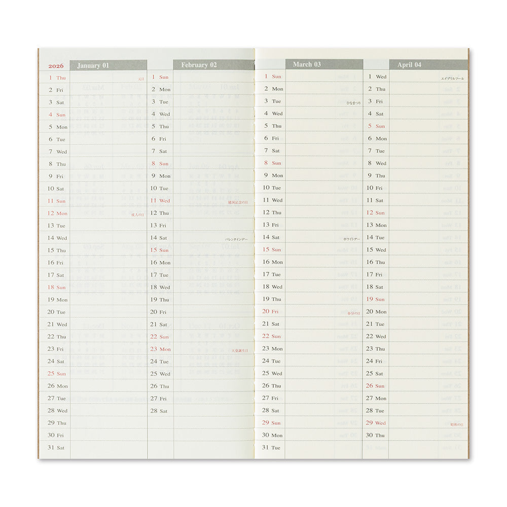 TRAVELER'S Notebook Refill: Weekly Vertical Diary 2026 *PRE ORDER*