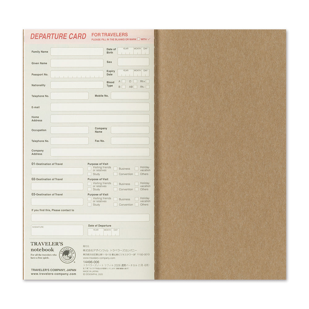 TRAVELER'S Notebook Refill: Weekly Vertical Diary 2026 *PRE ORDER*