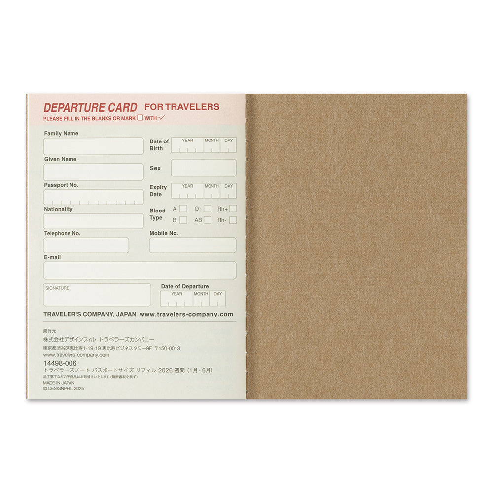 TRAVELER'S Notebook Passport Refill: Weekly Diary 2026 *PRE ORDER*