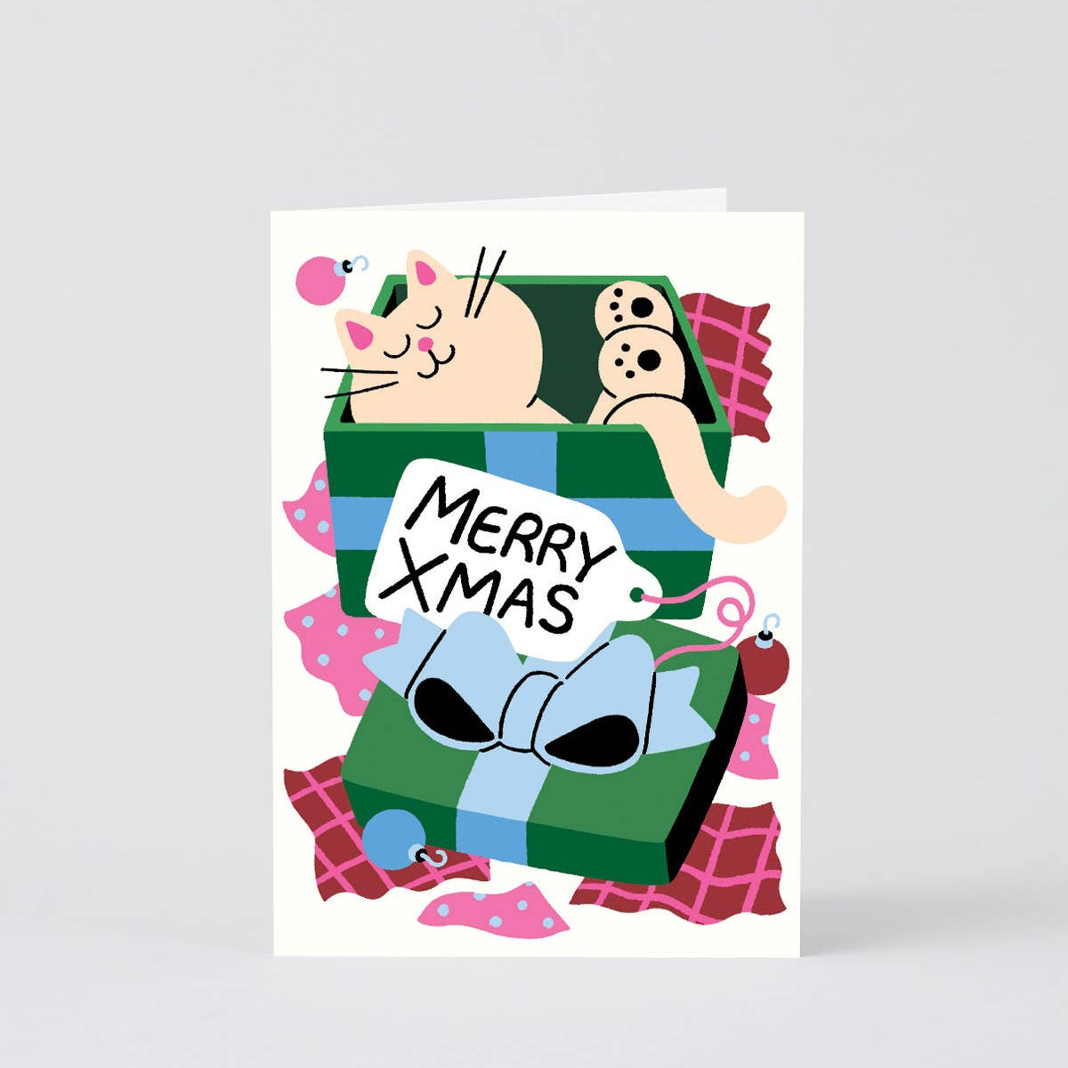 Merry Xmas Cat In A Present Embossed Holiday Greeting Card