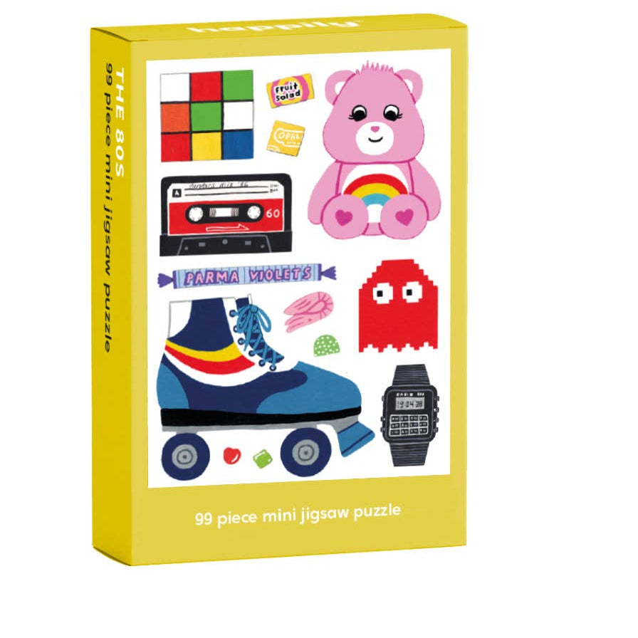 Yellow box of a mini jigsaw puzzle with colorful graphics on a white background