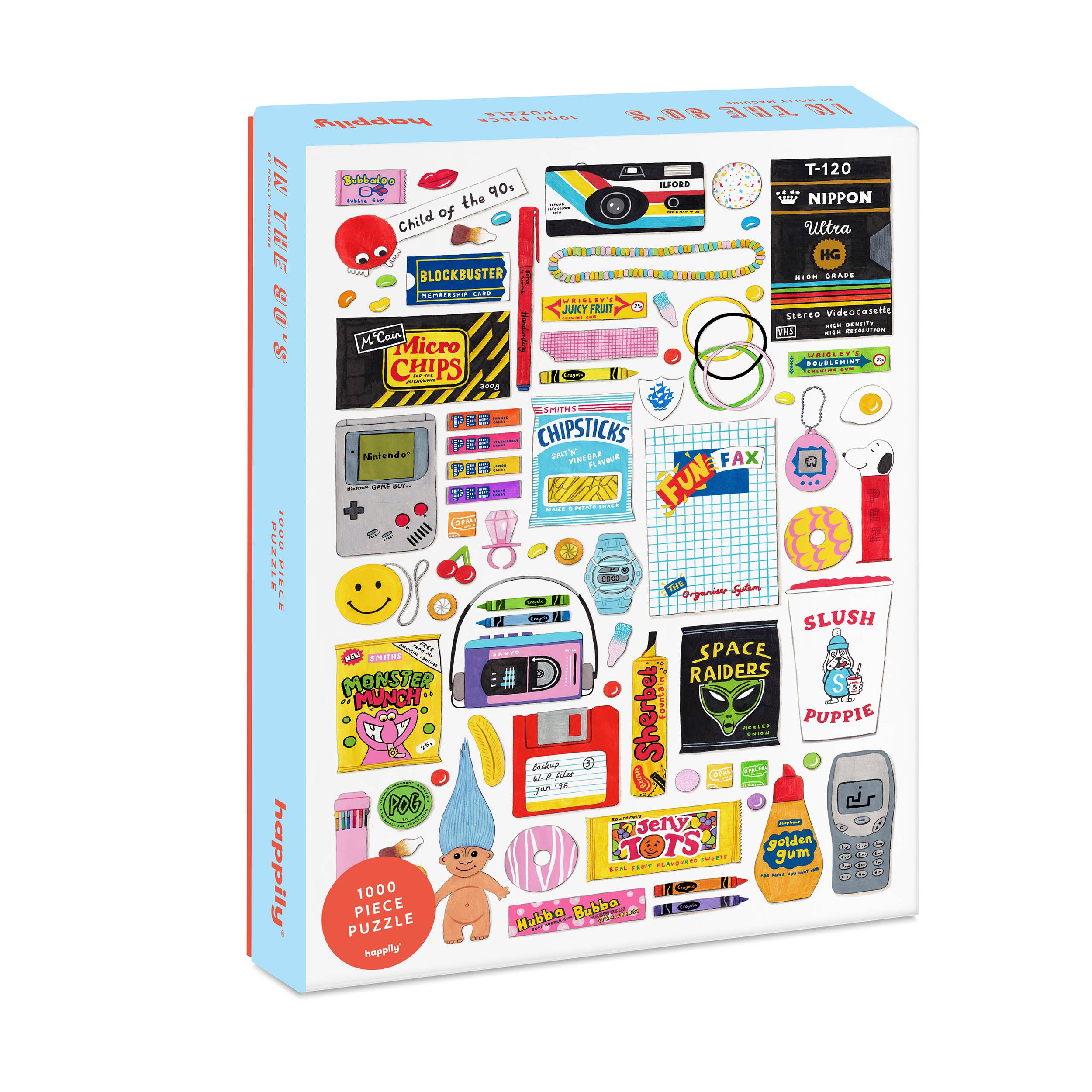 Puzzle box with retro-themed illustrations on a white background