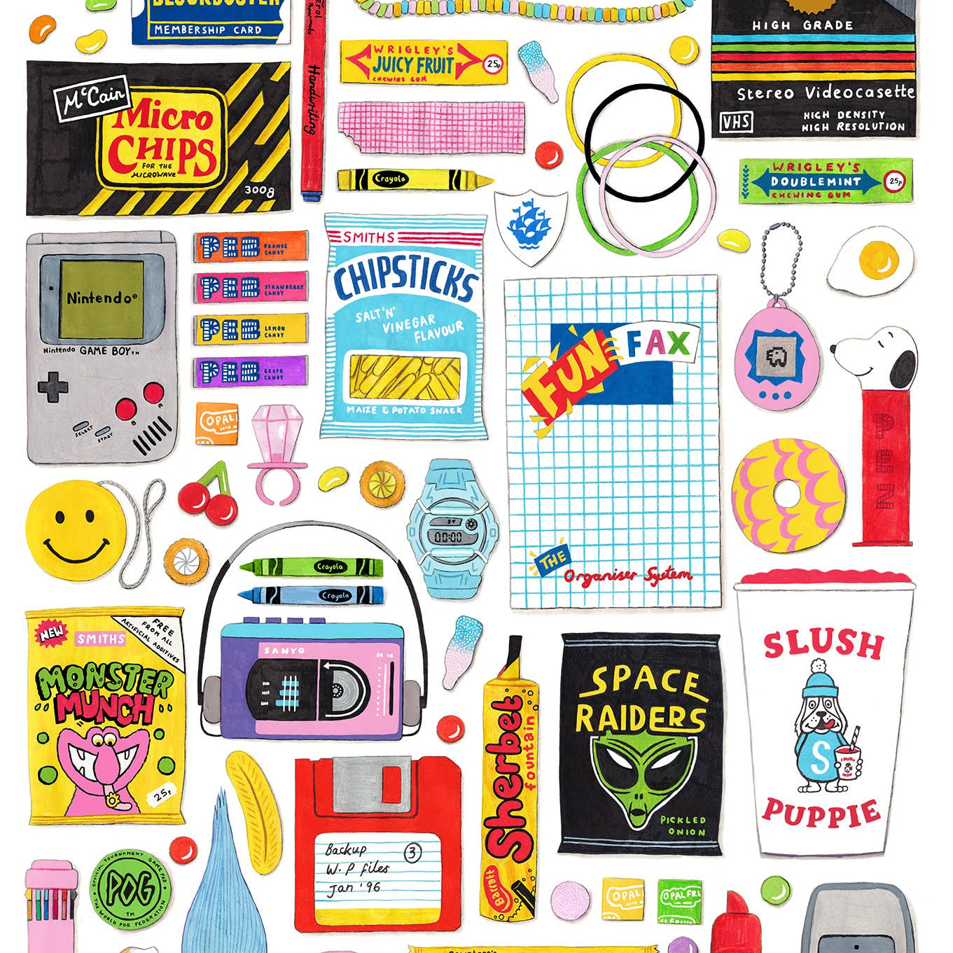 Collection of retro-themed products and items on a white background