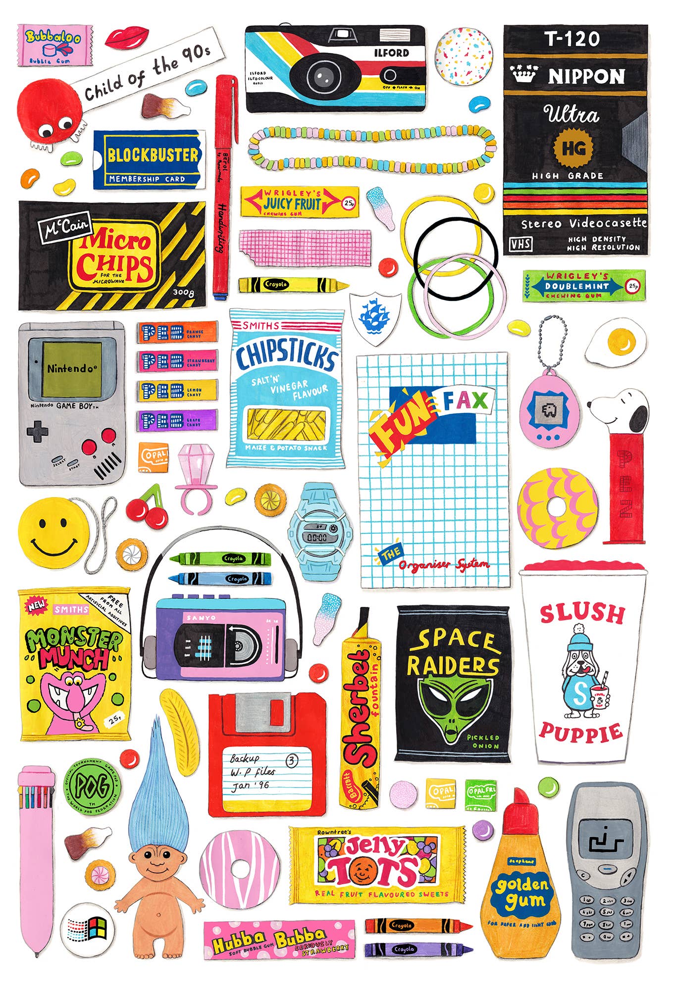 Collection of retro-themed products and items on a white background