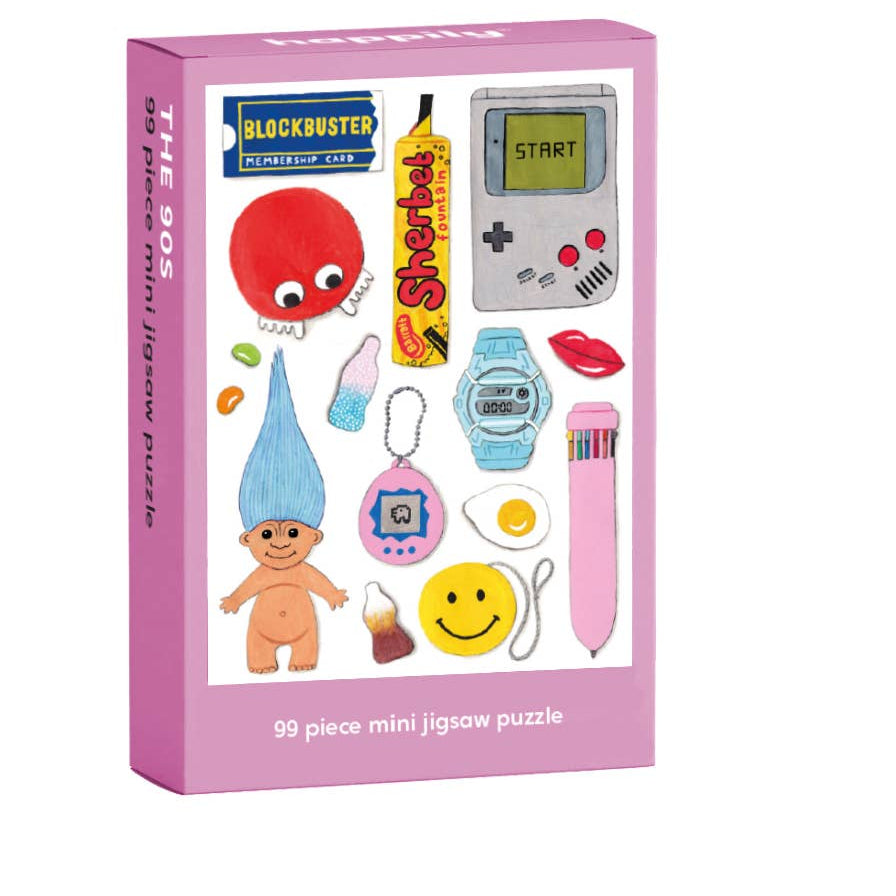 Pink box of a 99-piece mini jigsaw puzzle featuring retro-themed pieces on a white background.
