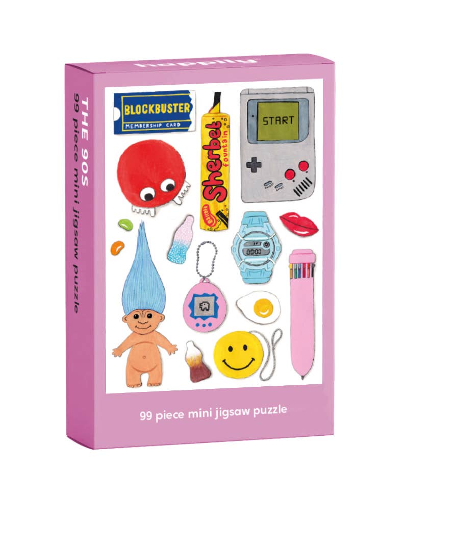 Pink box of a 99-piece mini jigsaw puzzle featuring retro-themed pieces on a white background.