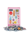 Puzzle set with colorful pieces and a pink packaging featuring cartoon illustrations on a white background.