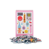 Puzzle set with colorful pieces and a pink packaging featuring cartoon illustrations on a white background.