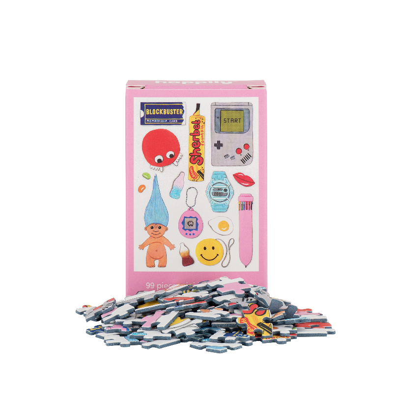Puzzle set with colorful pieces and a pink packaging featuring cartoon illustrations on a white background.