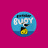Round blue badge with 'Birthday Buddy' text and cartoon characters on a pink background