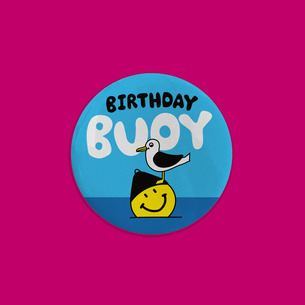 Round blue badge with 'Birthday Buddy' text and cartoon characters on a pink background