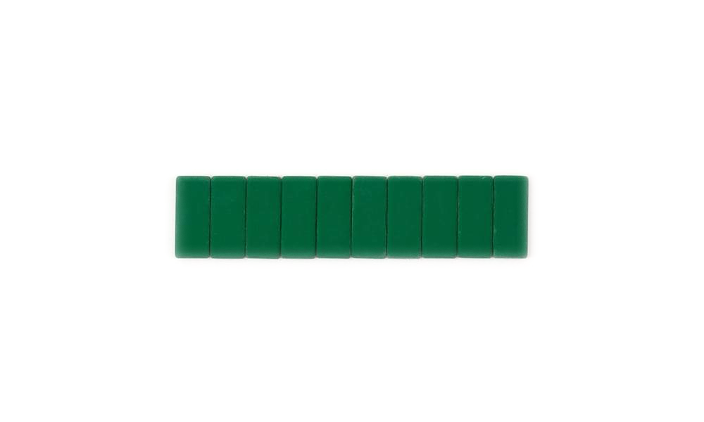 A row of nine dark green rectangular beads or tiles arranged horizontally on a plain white background.