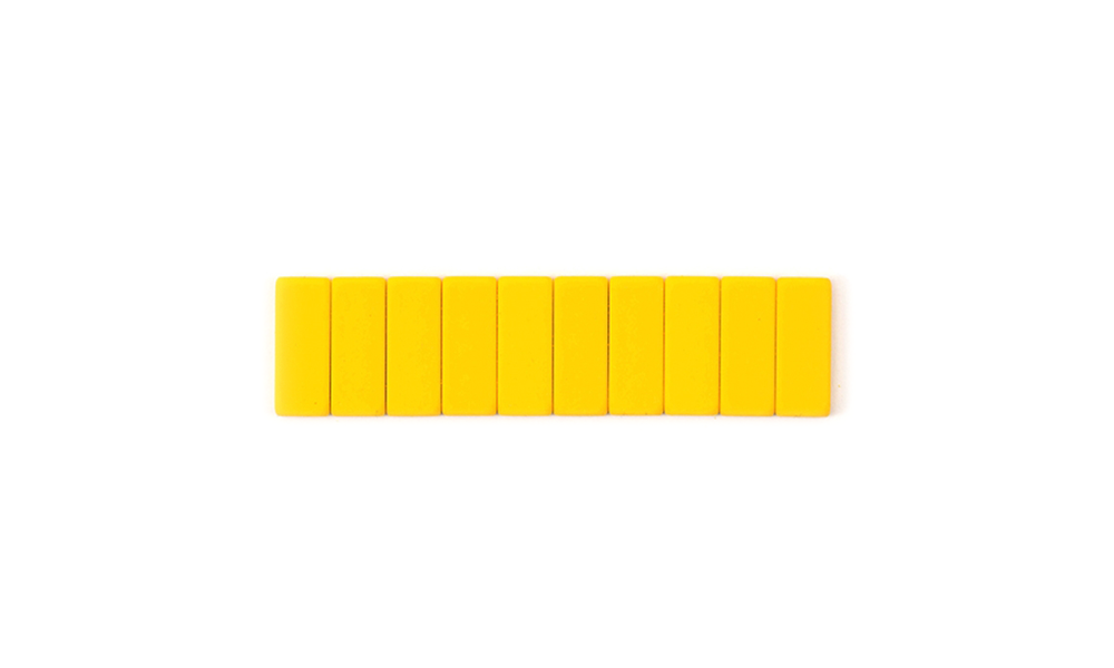 A row of ten bright yellow rectangular blocks arranged horizontally on a plain white background.