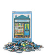Puzzle with pieces and packaging featuring a bookshop design on a white background