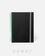Black notebook with green and silver spiral binding on a white background