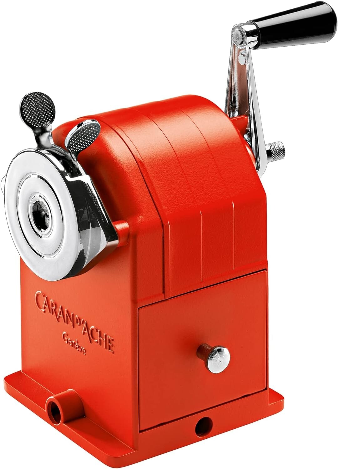 Red manual pencil sharpener with 'Caran d'Ache' branding on a white background