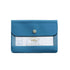 A blue envelope-style document holder with a snap button closure and a clear front window displaying a sample certificate insert, shown on a plain white background.