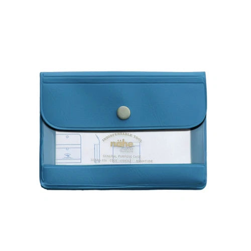 A blue envelope-style document holder with a snap button closure and a clear front window displaying a sample certificate insert, shown on a plain white background.