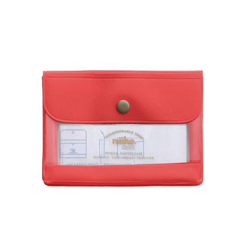 A red plastic file folder with a clear front window displaying a white insert card, featuring a snap-button closure.