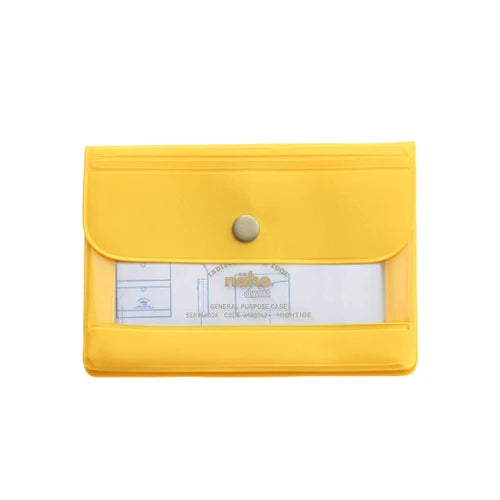 A bright yellow file folder with a clear plastic window on the front showing a white insert card, set against a plain white background.