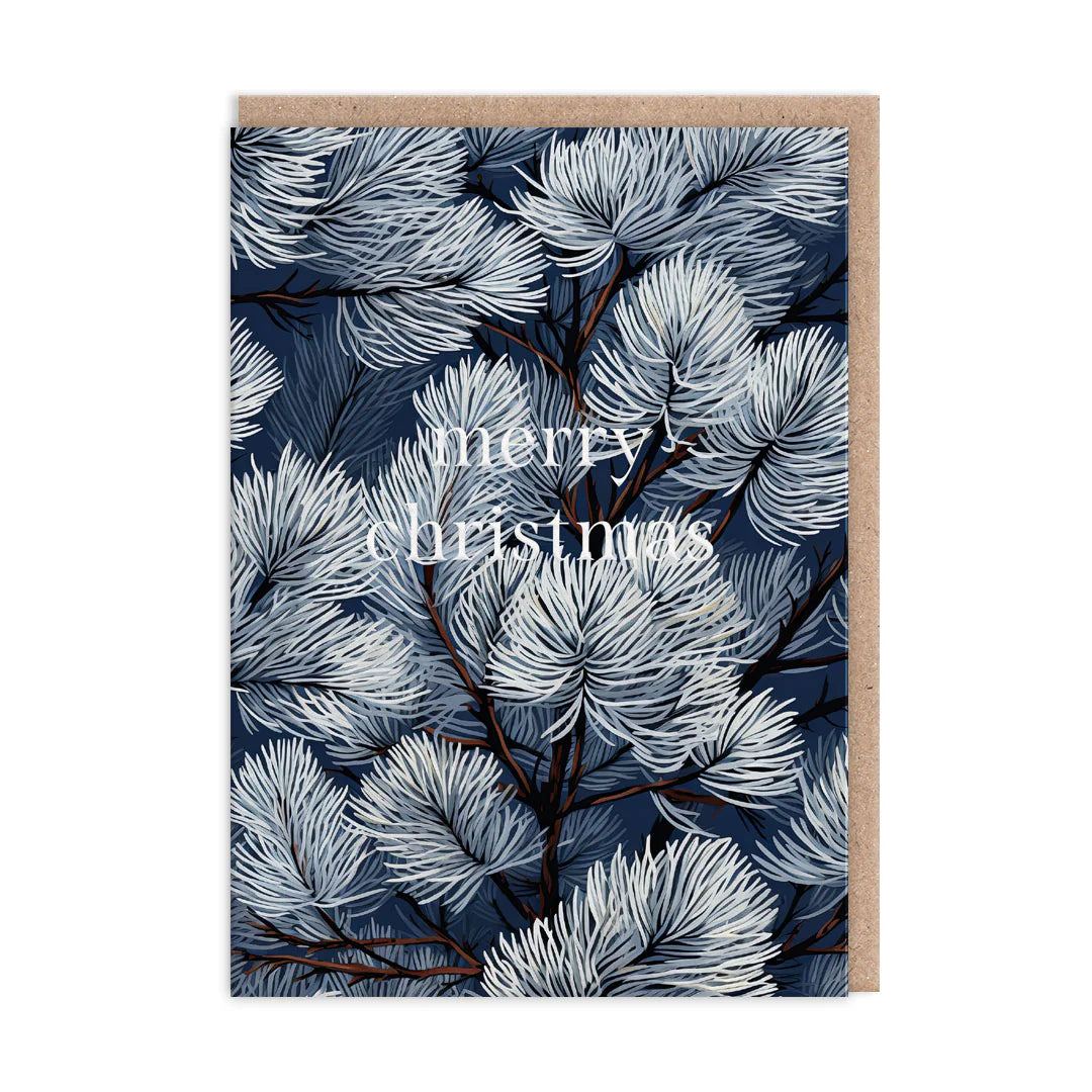 Greeting card with blue and white floral pattern and 'Merry Christmas' text on a white background