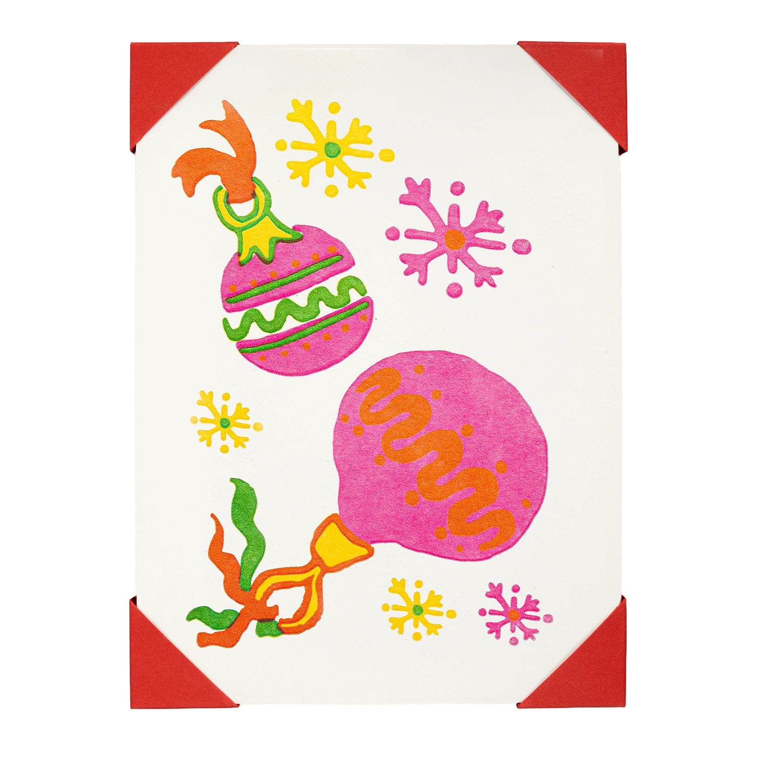 Colourful Christmas Bauble themed card with red border