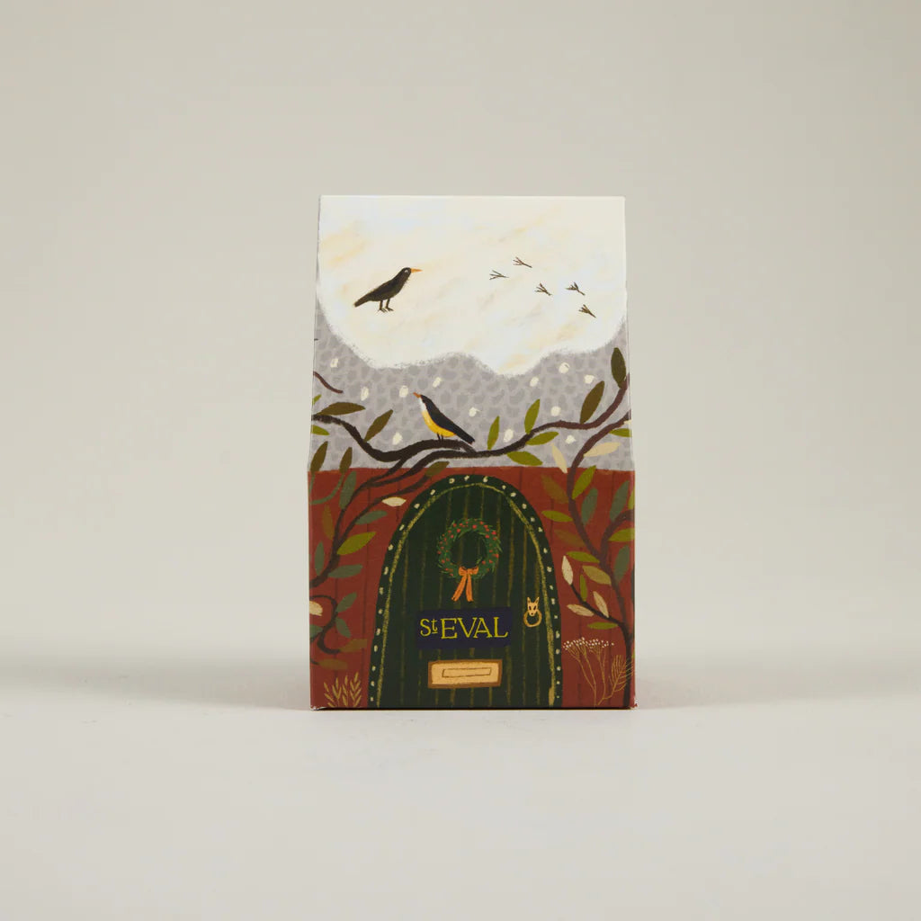 Sheval product packaging with a design of birds and a door on a beige background