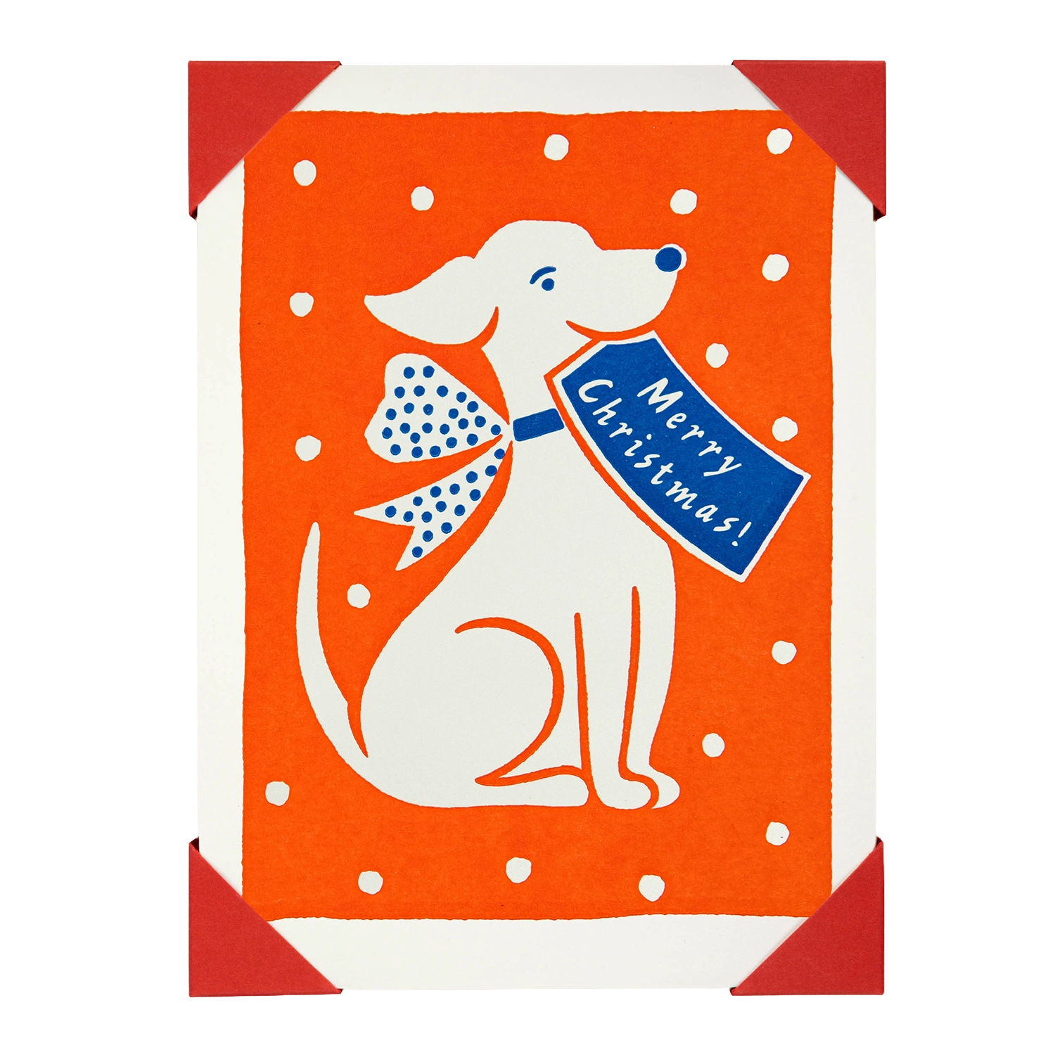 Christmas card with a white dog holding a 'Merry Christmas!' sign on an orange background with white polka dots.