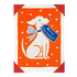 Christmas card with a white dog holding a 'Merry Christmas!' sign on an orange background with white polka dots.