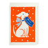 Christmas card with a white dog wearing a blue bow and holding a 'Merry Christmas!' sign on an orange background with white polka dots.