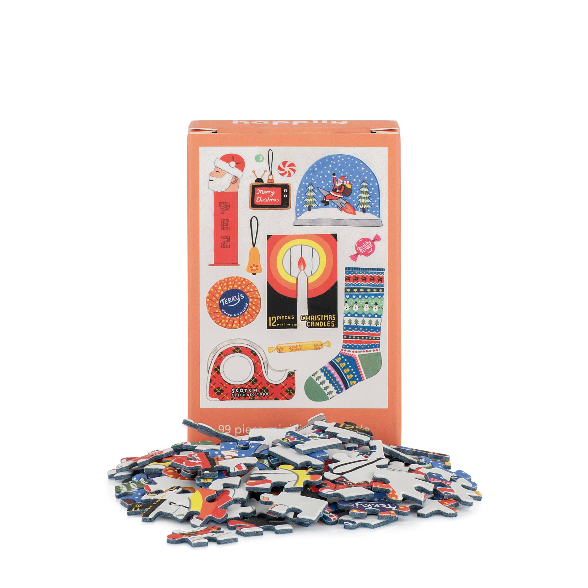 Puzzle set with pieces and packaging featuring Christmas-themed illustrations on a white background