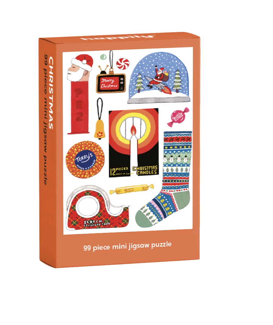 Box of a 99 piece mini jigsaw puzzle with Christmas-themed illustrations on an orange background.