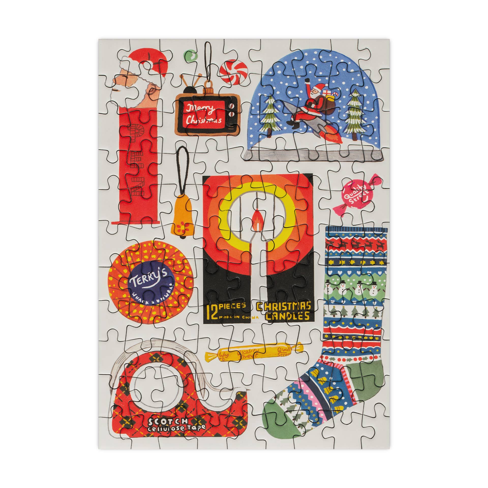 Christmas-themed puzzle with colorful illustrations on a white background