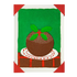 Christmas card with a brown pudding on a white plate against a green background