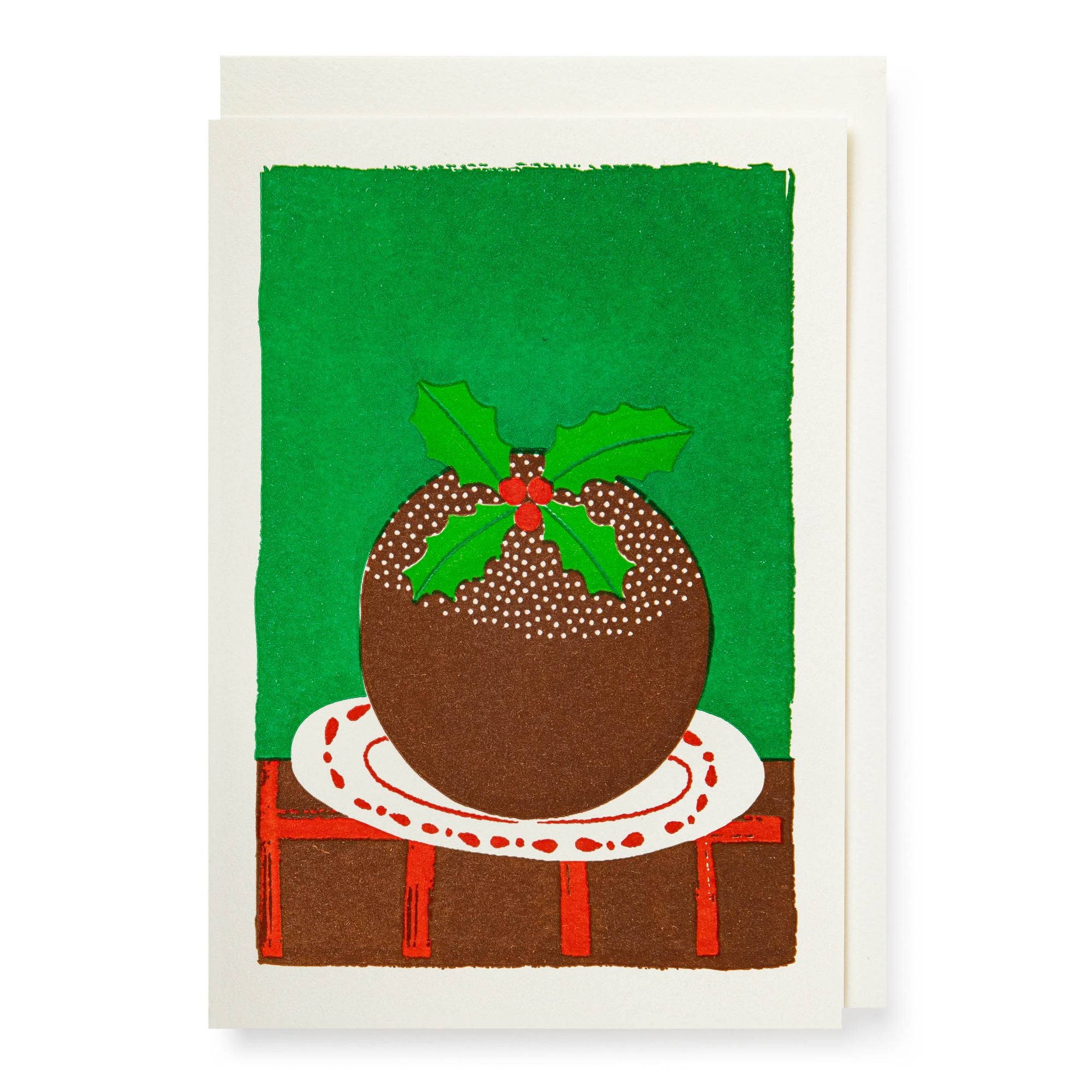 Card with a Christmas pudding illustration on a green background
