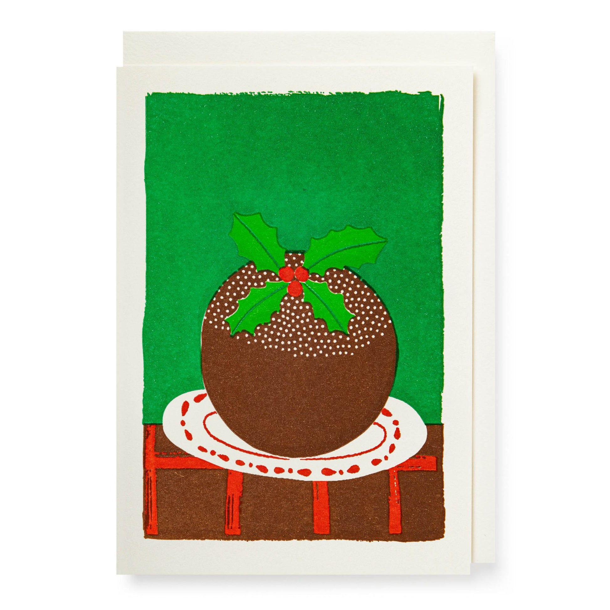 Card with a Christmas pudding illustration on a green background